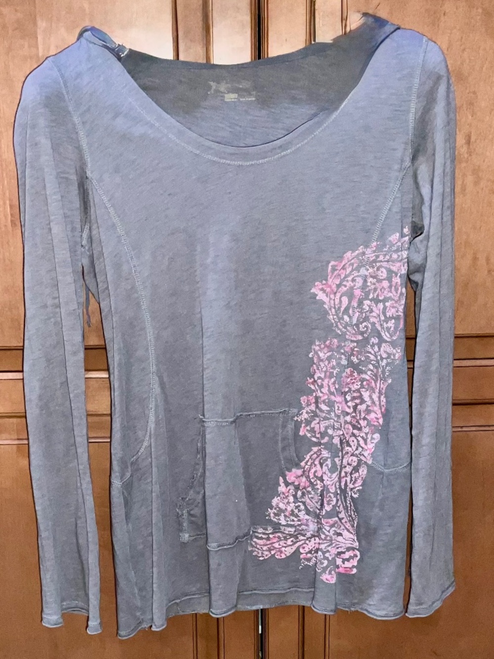 Gray Hooded Long-Sleeve Top with Pink Floral Accent. Med? See measurements